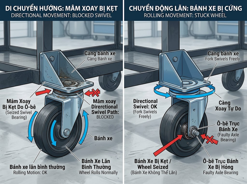 Vì sao bánh xe đẩy bị kẹt hoặc khó xoay?