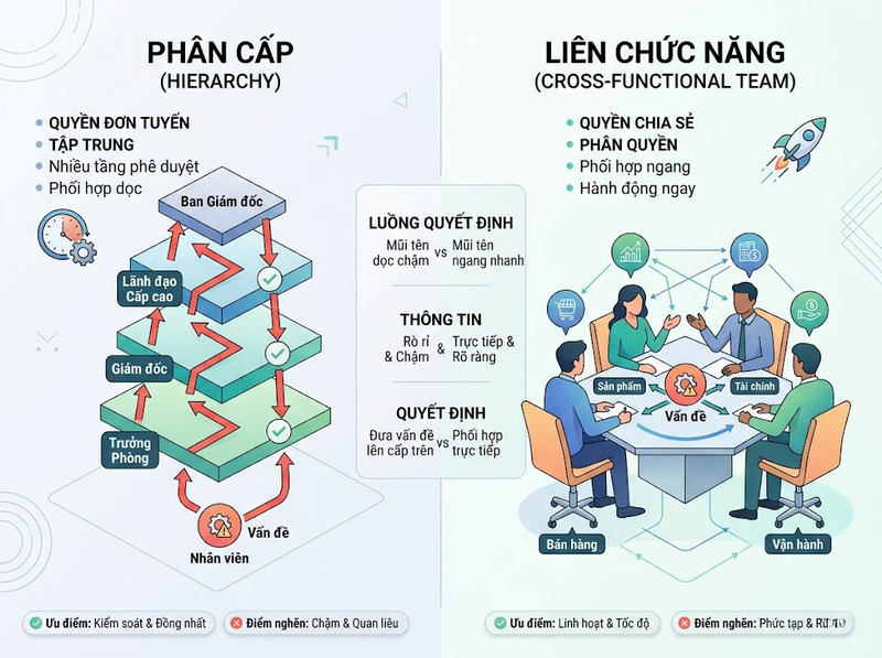 Các mô hình cơ cấu tổ chức khác nhau thế nào về quyền hạn và phối hợp?