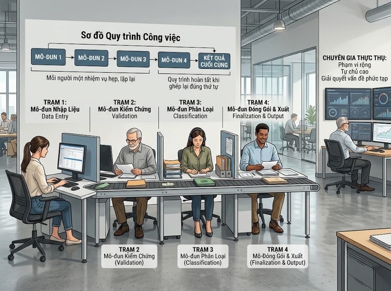 Chuyên môn hóa công việc và ảnh hưởng đến năng suất, phối hợp, tính linh hoạt