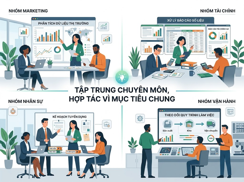 Cơ cấu tổ chức theo chức năng và cách phân nhóm nhân sự theo chuyên môn