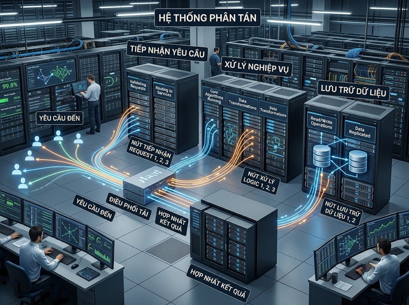 Kiến trúc phân tán phân bổ xử lý và dữ liệu giữa nhiều nút phối hợp với nhau