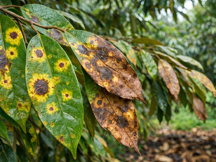 Phân biệt lá sầu riêng bị đốm vàng do nấm bệnh hay thiếu chất