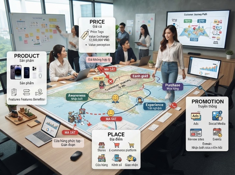Mô hình 4P kết hợp sản phẩm, giá, phân phối và xúc tiến trong marketing