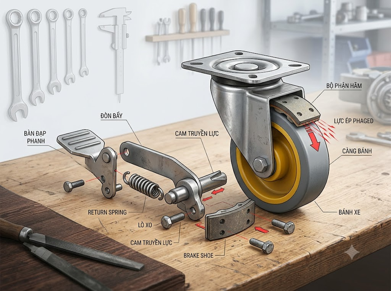 Phanh xe đẩy hàng hoạt động như thế nào?