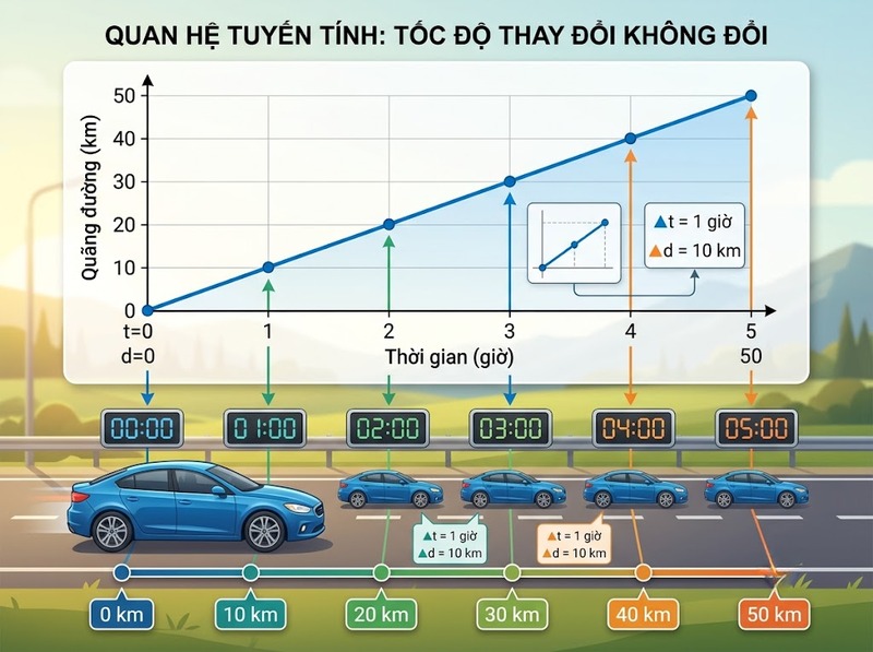 Quan hệ tuyến tính mô tả sự thay đổi giữa các đại lượng bằng hàm bậc nhất