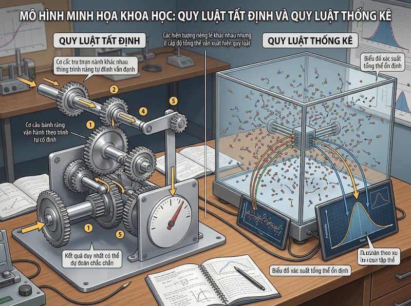 Quy luật thống kê và tất định khác nhau về mức chắc chắn của quan hệ và kết quả