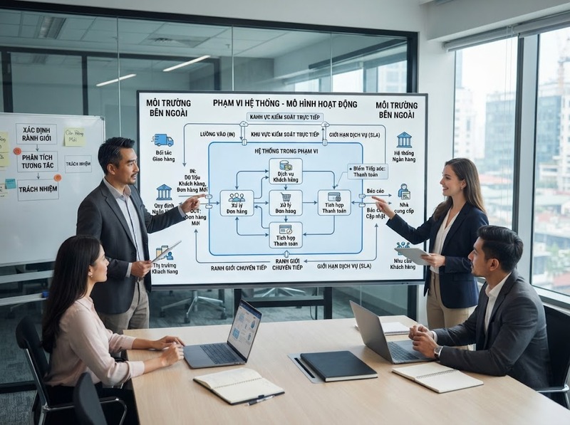 Ranh giới hệ thống giúp phân định thành phần nội bộ, môi trường ngoài và phạm vi trách nhiệm